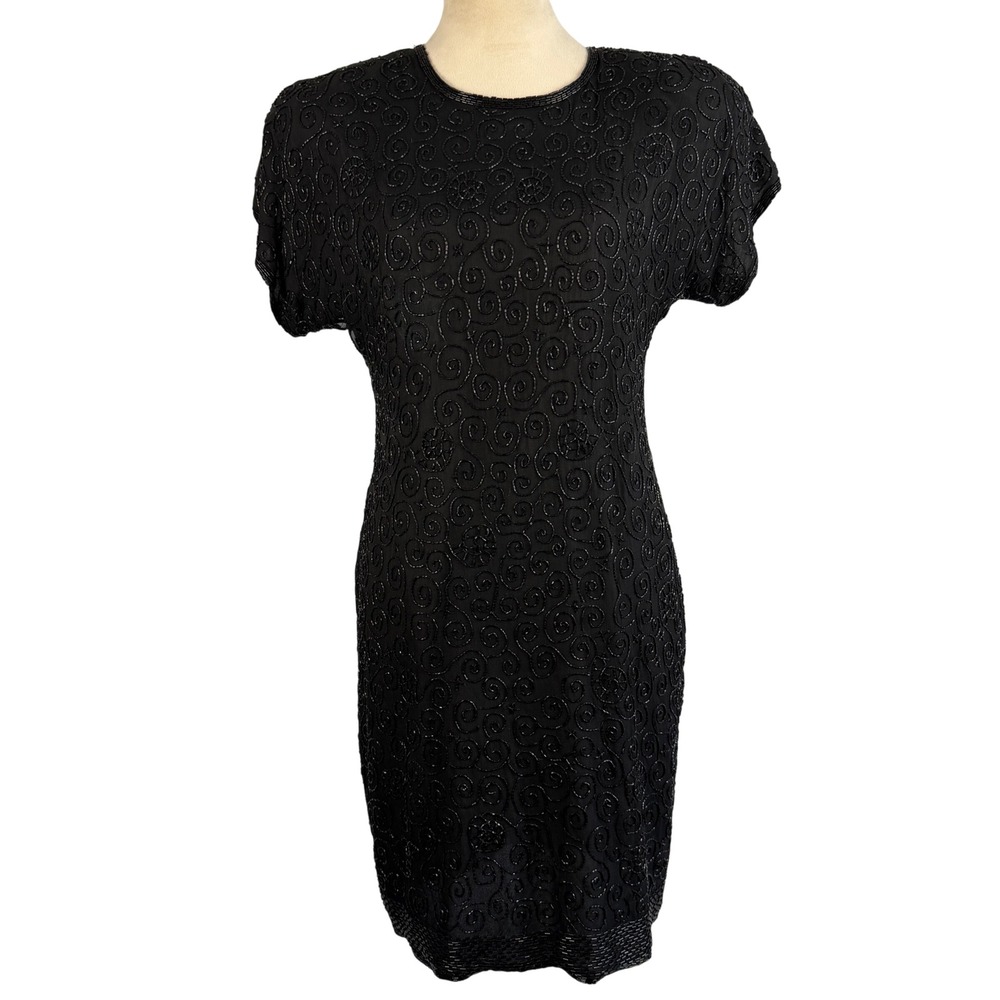 Vtg Stenay Black Beaded Cocktail Dress 6 Sheath‎ EveningParty Silk SequinsLuxury